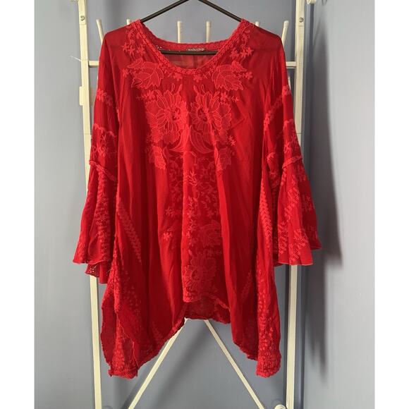 Johny was red blouse embroided floral bell sleeve Lg/XL - Picture 1 of 7